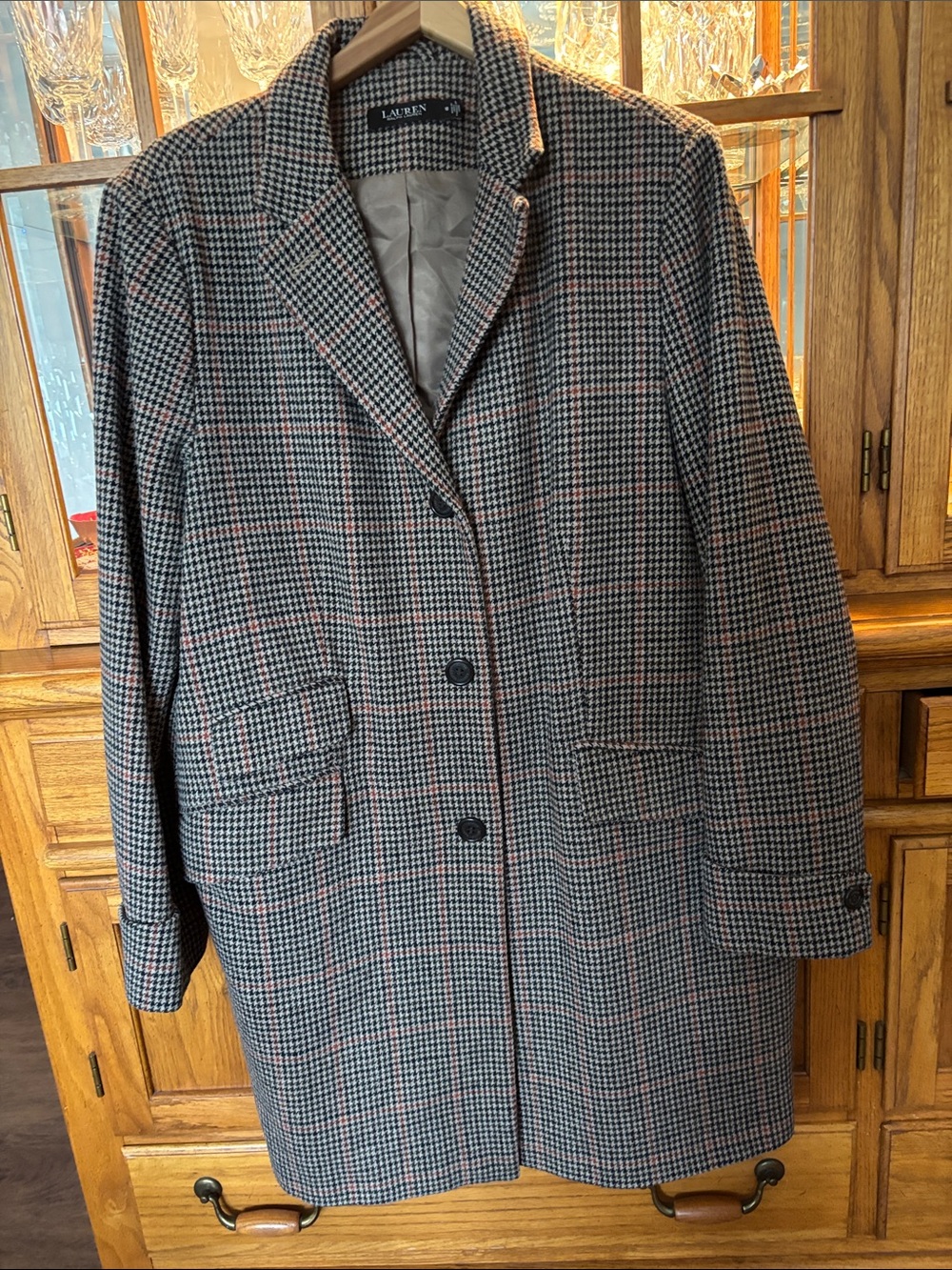Ralph Lauren Houndstooth Pea Coat in Black, Brown & Tan